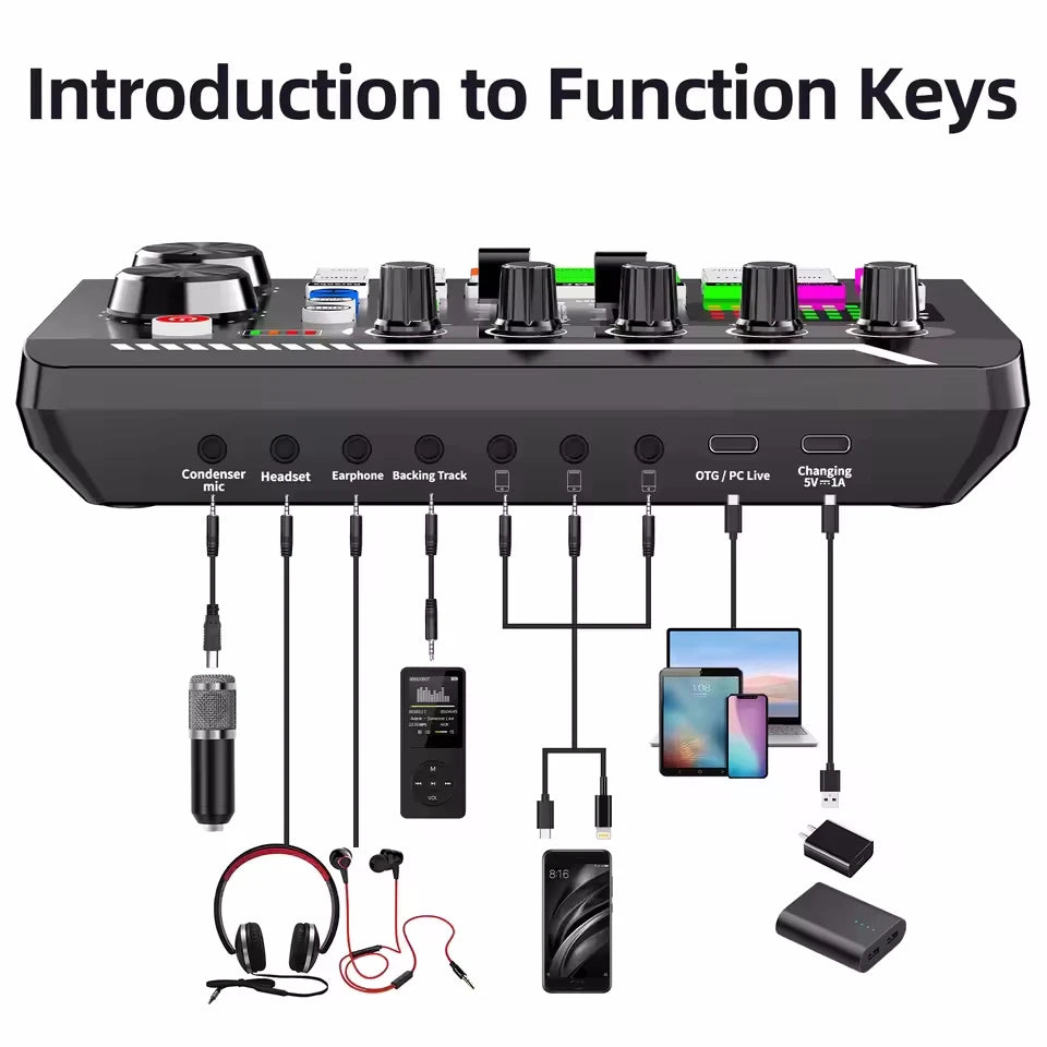 Professional Mic Microphone Wireless Sound Mixer Card Bluetooth Voice Changer for PC Condenser USB Wired Digital Live Soundcard