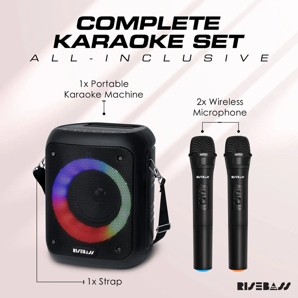 Risebass Portable Karaoke Machine with 2 Wireless Microphones - 