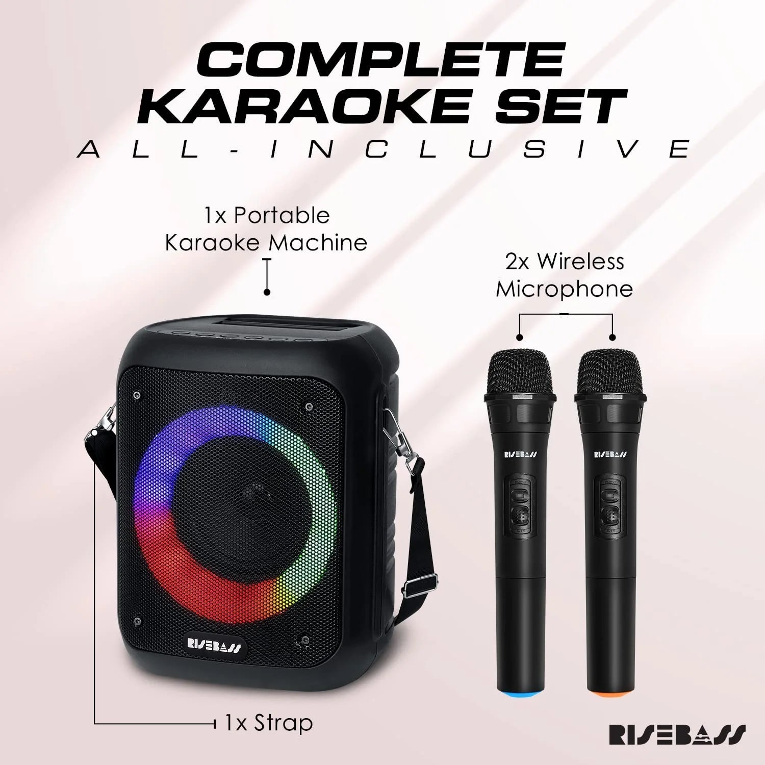 Risebass Portable Karaoke Machine with 2 Wireless Microphones - 