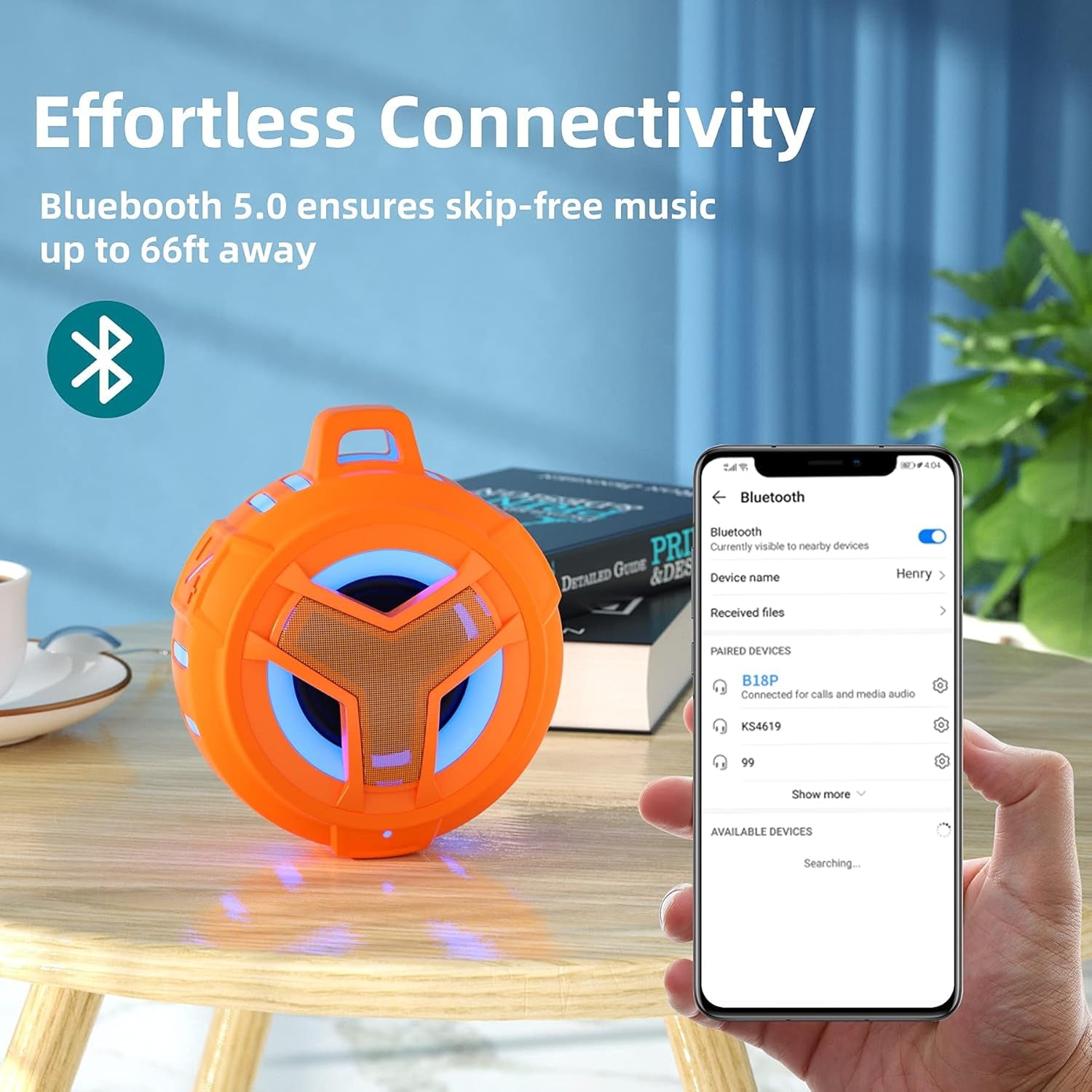 Bluetooth Shower Speaker, IPX7 Waterproof Portable Wireless Small Mini Speakers, Floating, 2000 Mah with RGB Light for Pool, Beach, Boat, Kayak Accessories, Gifts for Men and Women -Orange