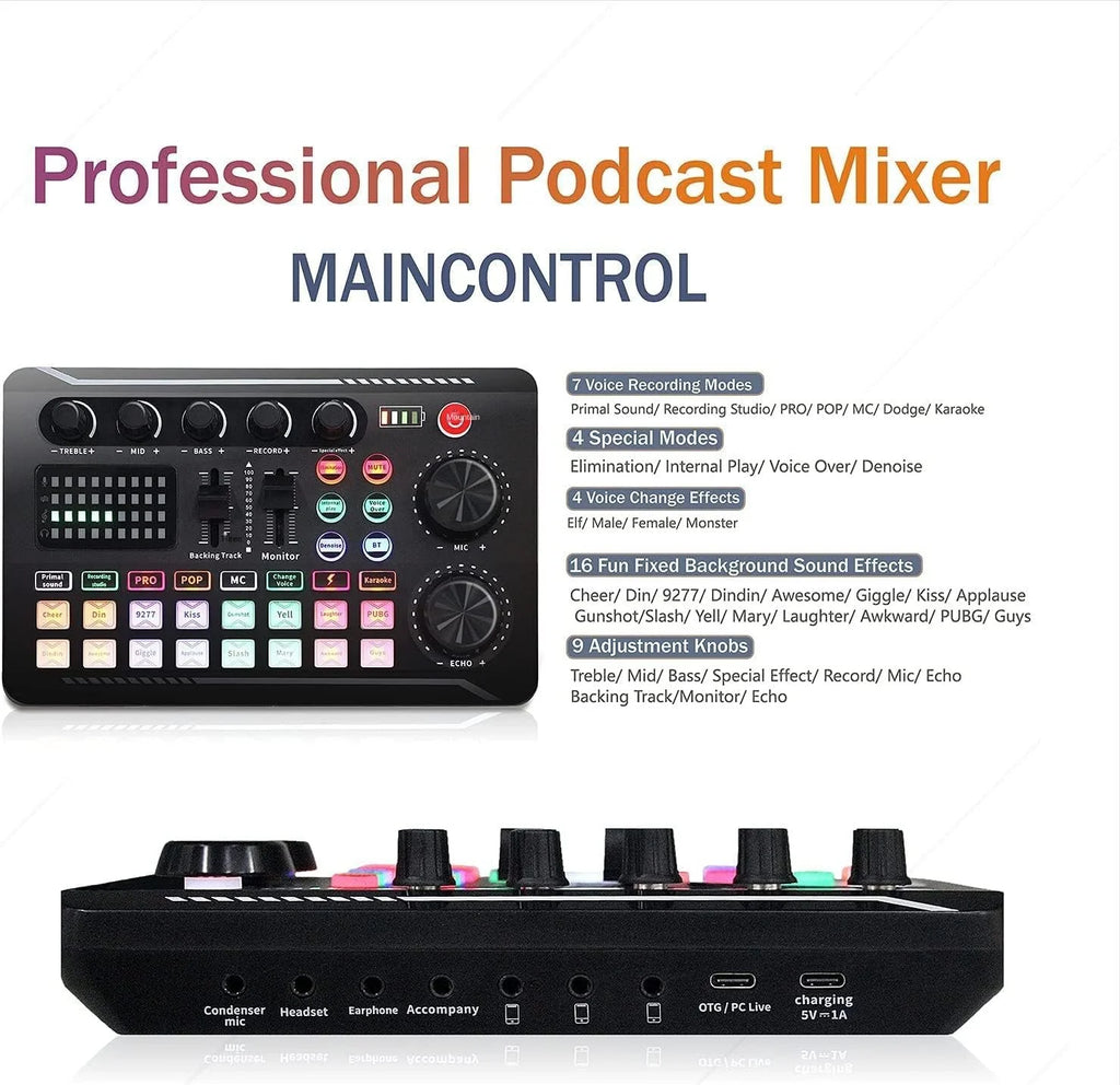 Professional Mic Microphone Wireless Sound Mixer Card Bluetooth Voice Changer for PC Condenser USB Wired Digital Live Soundcard