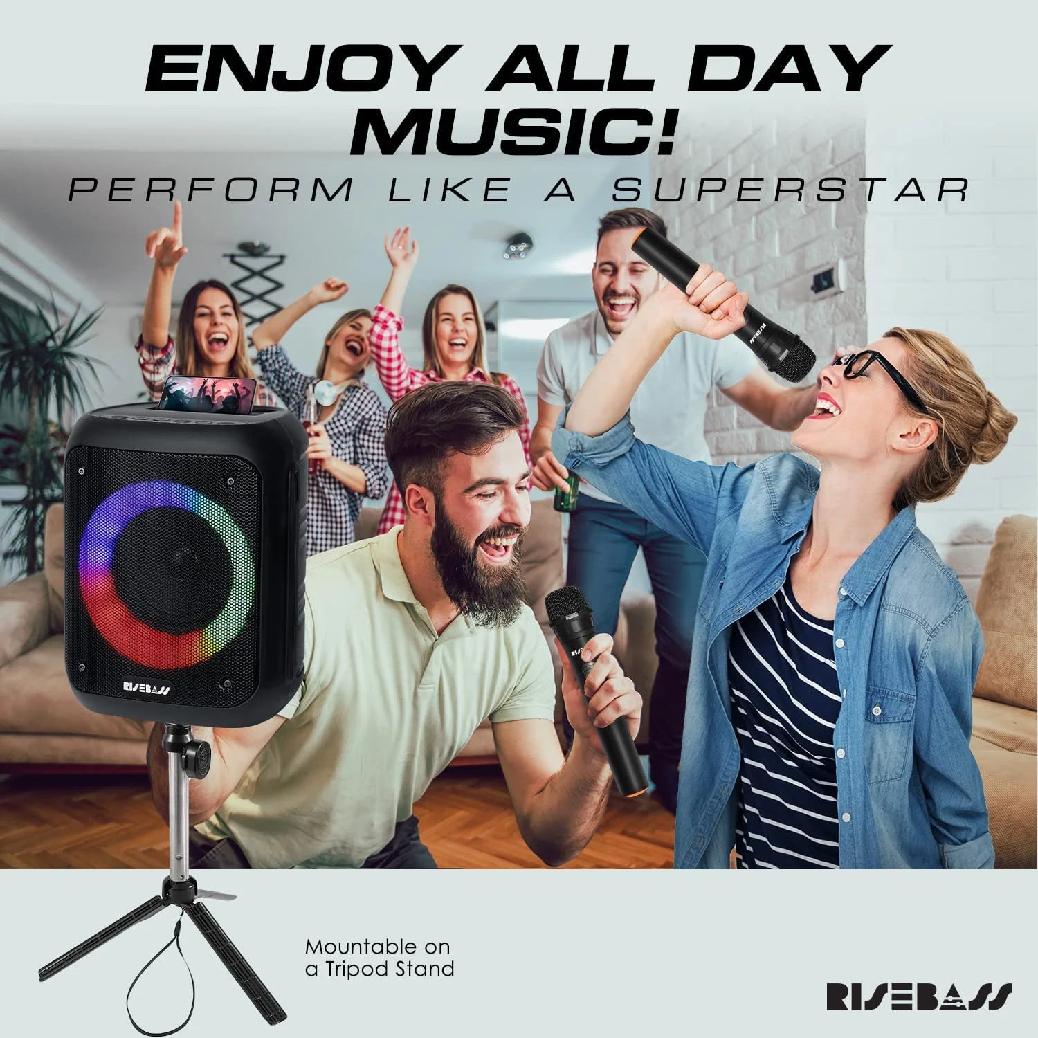 Risebass Portable Karaoke Machine with 2 Wireless Microphones - 