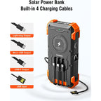 42800Mah Solar Charger Power Bank with 4 Cables, 15W Fast Charging Portable Charger for Cell Phone, Wireless Charger Solar Battery Pack with Dual Flashlights, Carabiner
