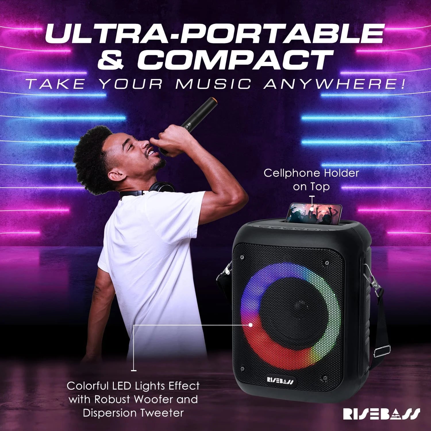 Risebass Portable Karaoke Machine with 2 Wireless Microphones - 